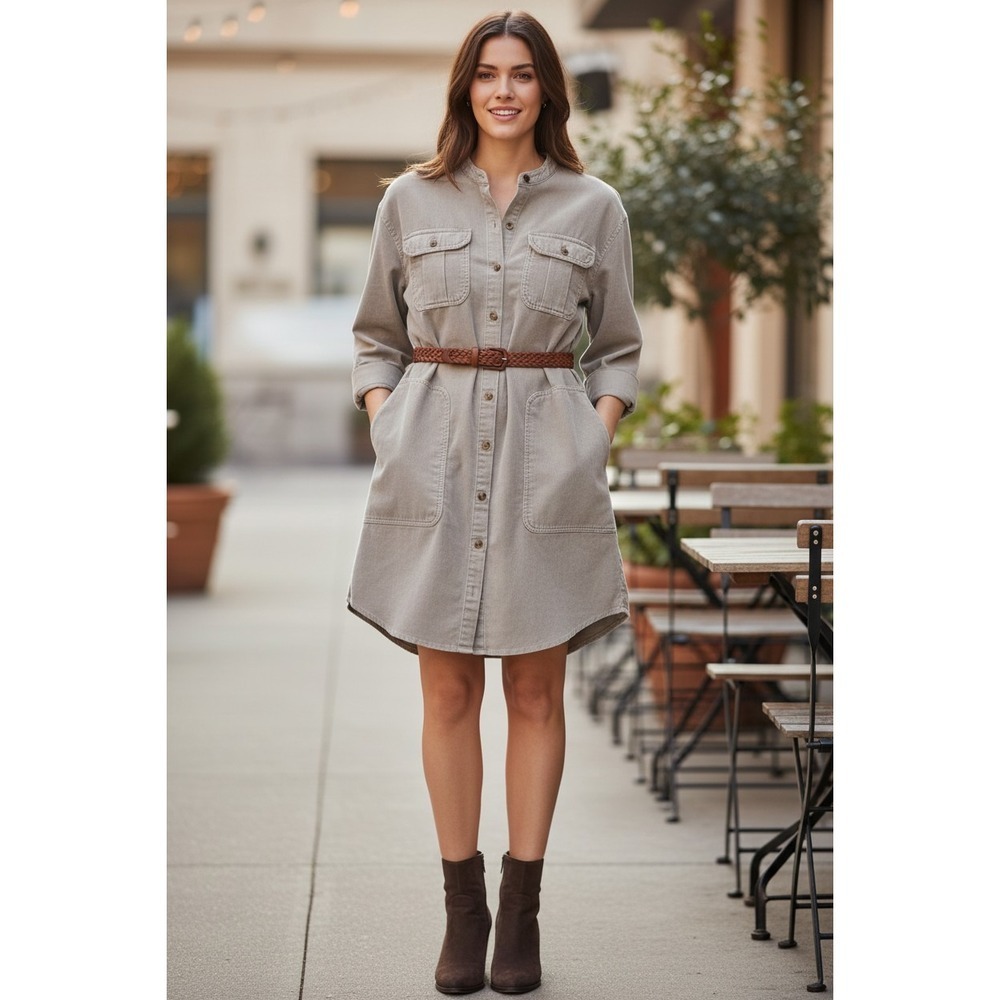 James Perse Khaki Utility Tunic Shirt Dress 99% Cotton Distressed Safari S